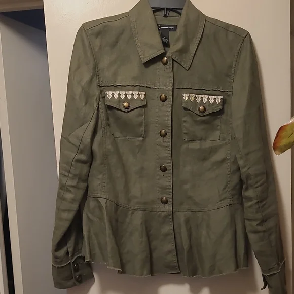 INC International Concept Army Green Linen Embellished Utility Jacket - Picture 1 of 10